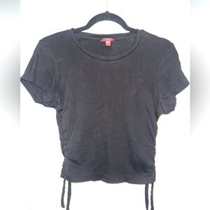 Guess Ribbed Black T Shirt with Ruched Sides and Ties, Size L